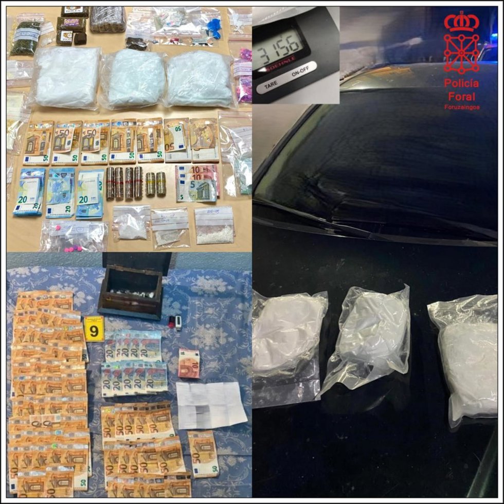 Sustancias, dinero y utensilios incautados a los detenidos.