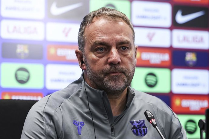 Hansi Flick, head coach of FC Barcelona, attends his press conference during the training day of FC Barcelona ahead the Spanish League, LaLiga EA Sports, football match against Athletic Club at Ciudad Esportiva Joan Gamper on March 06, 2026 in Sant Joan D