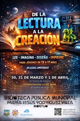 Archivo - Cartel del taller que organiza la Biblioteca de Montijo para acercar la lectura y la impresión 3D a jóvenes de 12 a 17 años.