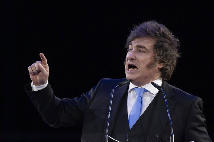 March 14, 2026, Madrid, Spain: The President of Argentina Javier Milei, seen during the closing ceremony of the Madrid Economic Forum, at the Palacio de Vistalegre.