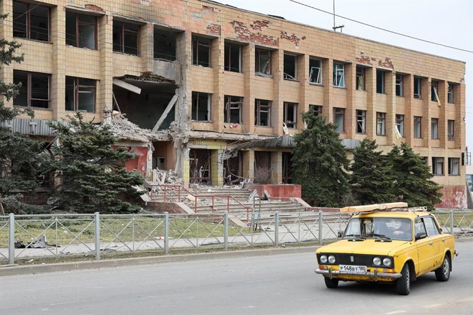 RUSSIA, DONETSK PEOPLE'S REPUBLIC - MARCH 16, 2026: A post office building partially collapsed after a Ukrainian drone strike on Mangush, the Donetsk People's Republic. According to a TASS source in the emergency services, two drones hit the town of Mangu