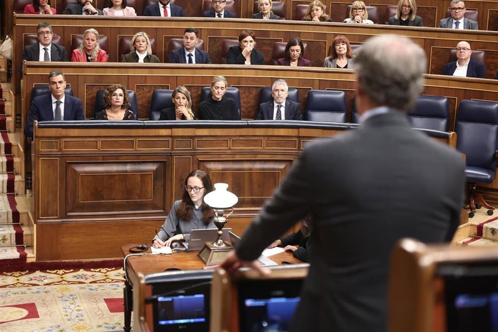 Archivo - El presidente del PP, Alberto Núñez Feijo (de espaldas), el presidente del Gobierno, Pedro Sánchez, junto a otros ministros en el Pleno del Congreso.