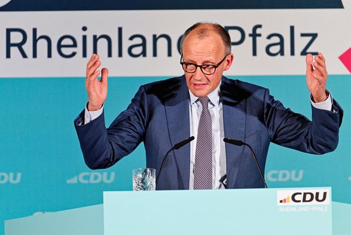 20 March 2026, Rhineland-Palatinate, Bad Duerkheim: German Chancellor Friedrich Merz speaks at the Salierhalle to mark the conclusion of the Christian Democratic Union (CDU) state election campaign. Photo: Uwe Anspach/dpa