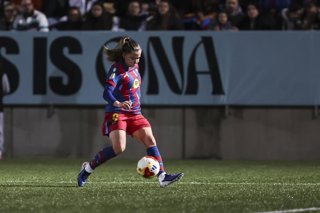 Claudia Pina Medina of FC Barcelona in action during the Spanish Cup, Copa de la Reina, football match Semifinal First Leg played between FC Badalona Women and FC Barcelona at Estadi Municipal de Badalona on March 12, 2026 in Badalona, Spain.
