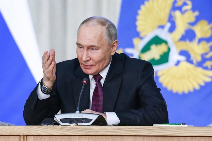 RUSSIA, MOSCOW - MARCH 19, 2026: Russia's President Vladimir Putin at an expanded meeting of the Collegium of the Russian Prosecutor General's Office