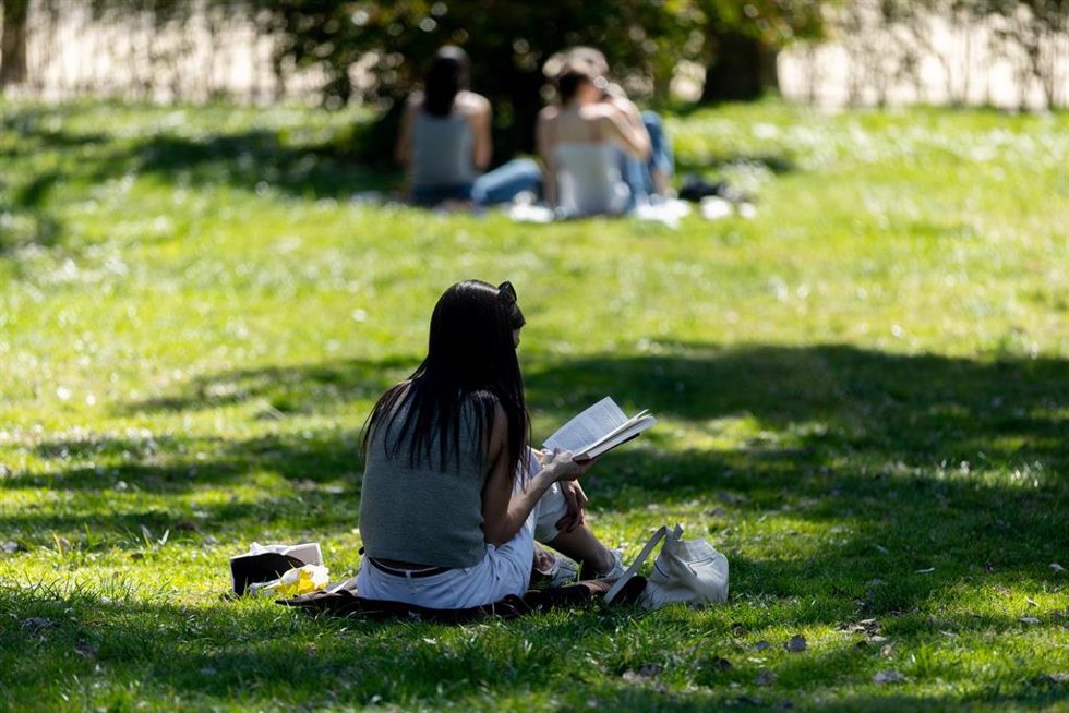 Una persona leyendo en un parque, a 17 de marzo de 2026, en Madrid (España).