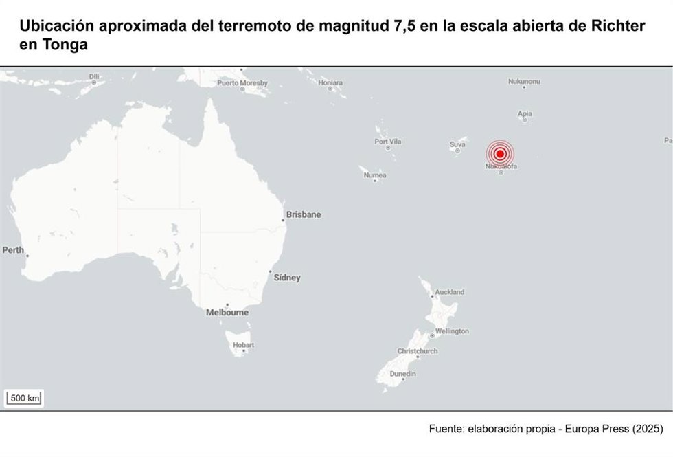 Ubicación aproximada del teremoto de magnitud 7,5 en la escala abierta de Richter en Tonga