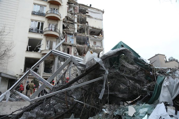 TEHRAN, March 23, 2026  -- This photo taken on March 23, 2026 shows a destroyed building in a residential area after joint U.S.-Israeli strikes on Iran in Tehran, Iran.