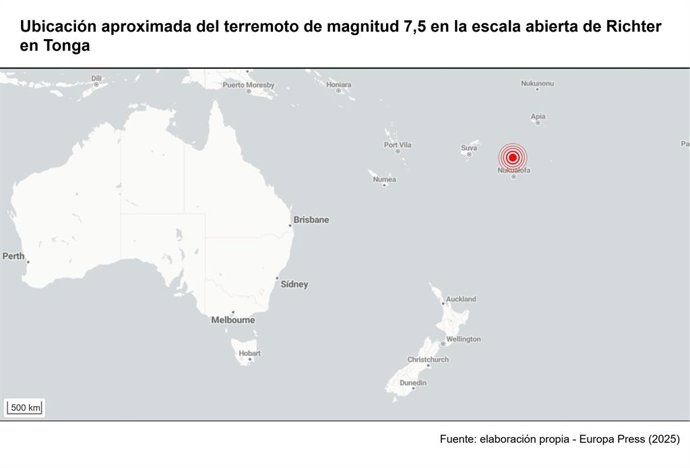 Ubicació aproximada del terratremol de magnitut 7,5 en l'escala oberta de Richter a Tonga