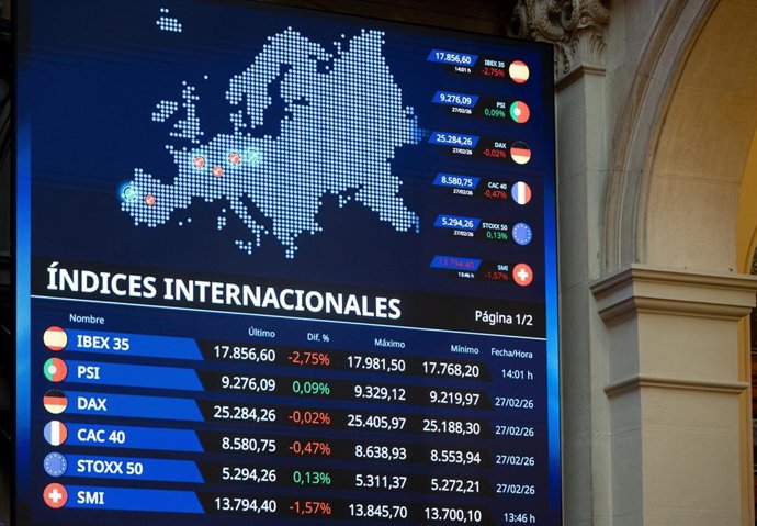 Paneles informativos en el Palacio de la Bolsa de Madrid, a 2 de marzo de 2026, en Madrid (España). 