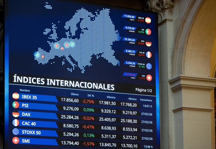 Paneles informativos en el Palacio de la Bolsa de Madrid, a 2 de marzo de 2026, en Madrid (España). 