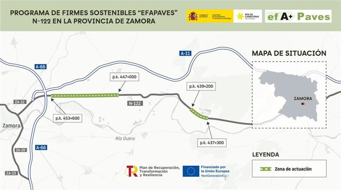 Transportes repone con asfalto sostenible varios tramos de firme de la N-122 en la provincia de Zamora, con una inversión de 2,59 millones de euros