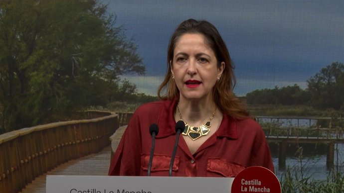 La vicesecretaria general del PSOE de Castilla-La Mancha, Cristina Maestre, en rueda de prensa.