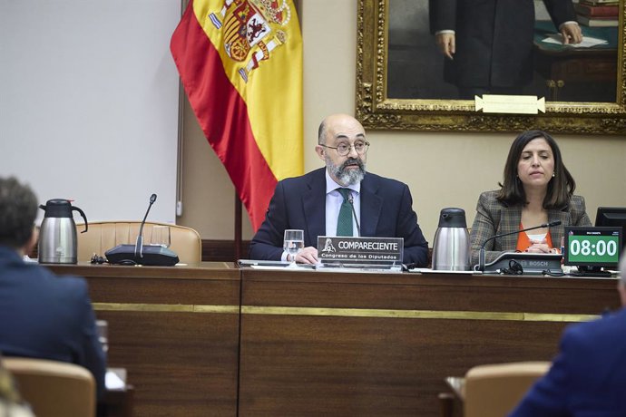 El presidente de la entidad pública empresarial Administrador de Infraestructuras Ferroviarias (Adif), Luis Pedro Marco de la Peña, comparece ante la Comisión de Transportes y Movilidad Sostenible, en el Congreso de los Diputados, a 24 de marzo de 2026, e