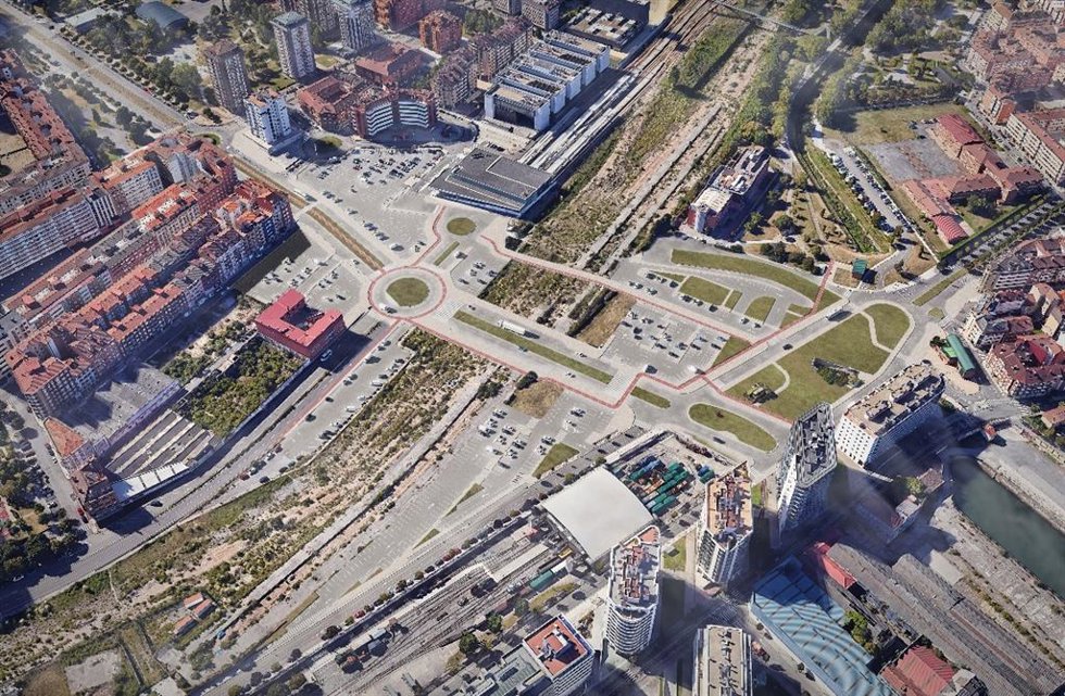 Simulación de la urbanización de la fase cero del Plan de Vías, en Gijón, que incluye la demolición del viaducto de Carlos Marx.