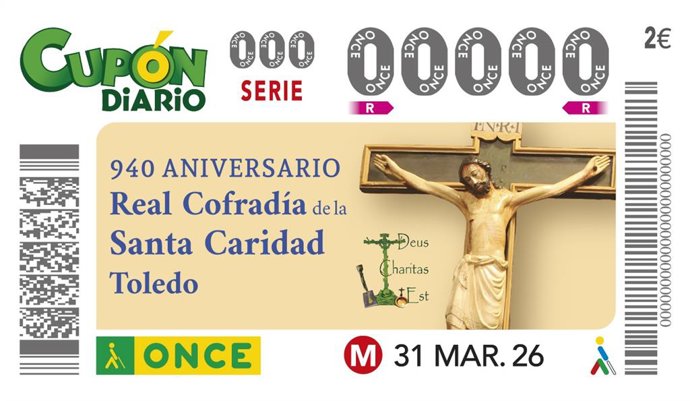 Cupón de la ONCE con motivo del 940 aniversario de la Cofradía de la Santa Caridad de Toledo.