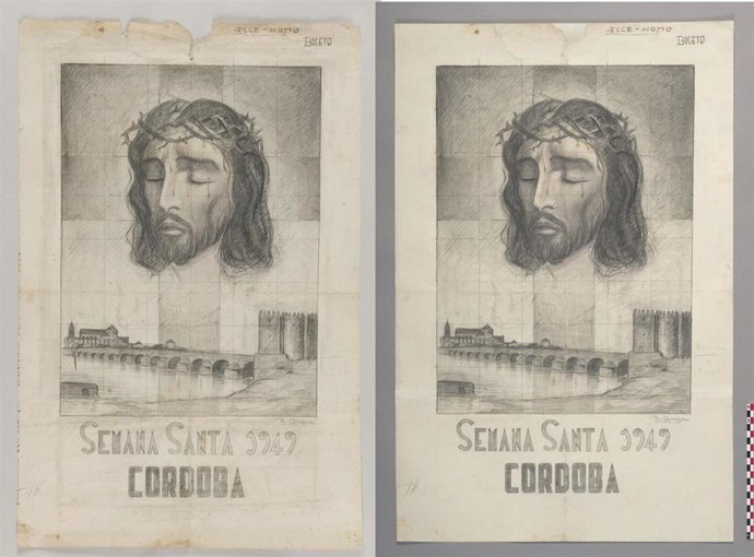 Archivo - El boceto original del cartel anunciador de la Semana Santa de Córdoba de 1949, obra del cartelista cordobés Ricardo Anaya Gómez, antes y después de su restauración.