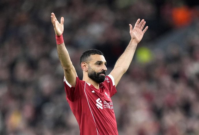 18 March 2026, United Kingdom, Liverpool: Liverpool's Mohamed Salah celebrates scoring his side's fourth goal during the UEFA Champions League round of sixteen, second leg soccer match between Liverpool and Galatasaray at Anfield. Photo: Peter Byrne/PA Wi