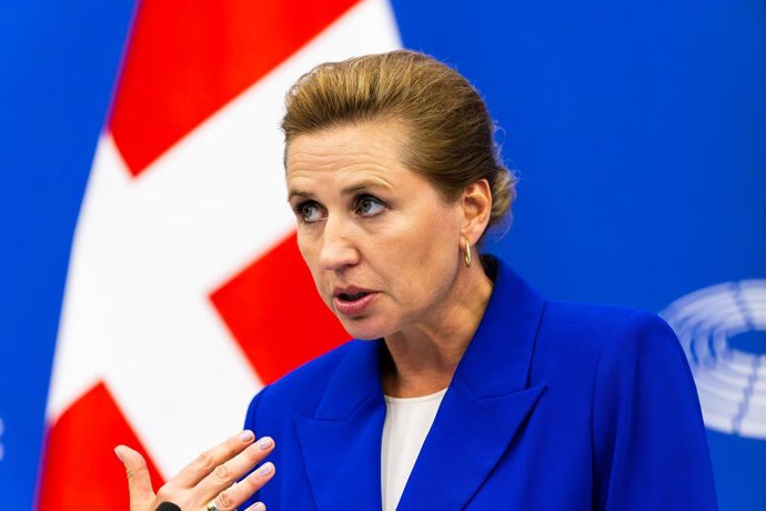 Archivo - 08 July 2025, France, Strassburg: Mette Frederiksen, Prime Minister of Denmark, speaks to media representatives during a press conference. Denmark takes over the EU Council Presidency again on July 1. The plenary session week begins with, among 
