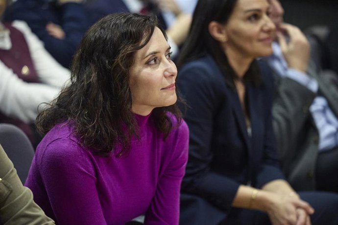 La presidenta de la Comunidad de Madrid y del PP de Madrid, Isabel Díaz Ayuso, durante la clausura la II Jornada Interuniversitaria de Nuevas Generaciones del PP de Madrid