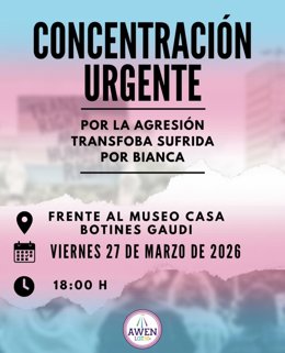 Cartel de la concentración convocada por la Asociación AWEN LGTBI+ para este viernes a las 18.00 horas frente al Museo Casa Botines Gaudí de la capital leonesa.