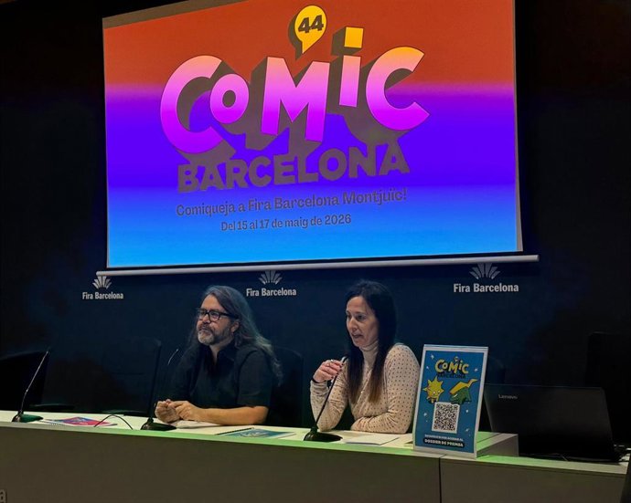 La directora de de Cómic Barcelona, Meritxell Puig, y el director de contenidos, Borja Crespo, en rueda de prensa este miércoles