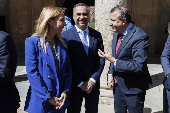 La presidenta de la Diputación de Cádiz, Almudena Martínez, junto al presidente de la Diputación de Sevilla, Javier Fernández (d) y el presidente de la Diputación de Granada, Francisco Rodríguez (c), a su llegada para participar en la reunión de los presi