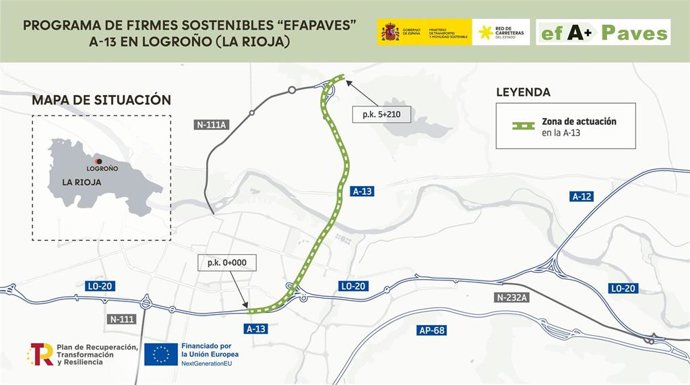 Transportes rehabilita 5,21 km del firme de la A-13, en Logroño, con asfalto sostenible y 2,23 millones de euros