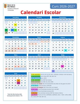 Calendario escolar para el curso 2026-2027 en Baleares.