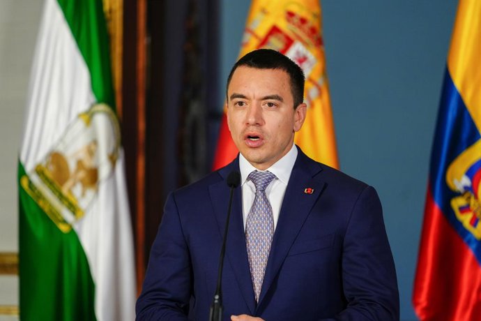 Archivo - El presidente de Ecuador, Daniel Noboa  durante la reunión mantenida el día de hoy. A 29 de junio de 2025 en Sevilla, Andalucía (España). El presidente de la Junta de Andalucía, Juanma Moreno, ha mantenido un encuentro institucional en el Palaci