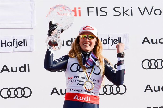 March 25, 2026, Hafjell, Norway: Mikaela Shiffrin of the United States with the crystal globe for being the overall champion for the 2025/26 Audi FIS Alpine World Cup season