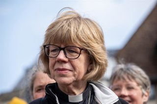 March 22, 2026, Canterbury, United Kingdom: The Archbishop of Canterbury, Sarah Mullally listens a speech outside the Canterbury Cathedral after she finished by her pilgrimage. Archbishop Sarah Mullally walked the 87-mile (140 km's) route along the Becket