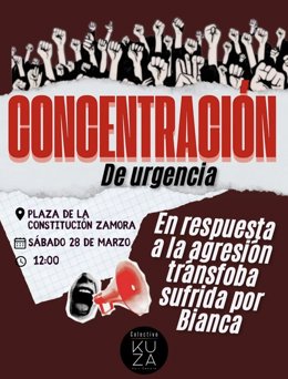Cartel de la concentración que tendrá lugar en Zamora este sábado para condenar la agresión sufrida por una mujer trans el pasado fin de semana en La Bañeza (León).