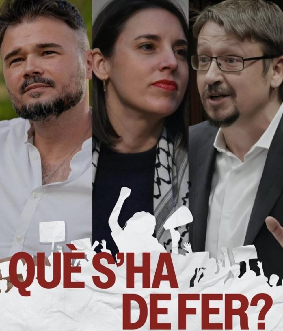 Imagen del cartel promocinal del evento que compartirán el portavoz de ERC en el Congreso, Gabriel Rufián, y la eurodiputada de Podemos, Irene Montero, del próximo 9 de abril, que moderará Xavier Domènech bajo el lema 'Què s'ha de fer?'.