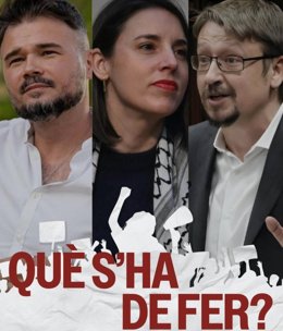 Imatge del cartell promocinal de l'esdeveniment que compartiran el portaveu d'ERC en el Congrés,  Gabriel Rufián, i l'eurodiputada de Podem, Irene Montero, del proper 9 d'abril, que moderarà  Xavier Domènech sota el lema 'Què s'ha de fer?'.