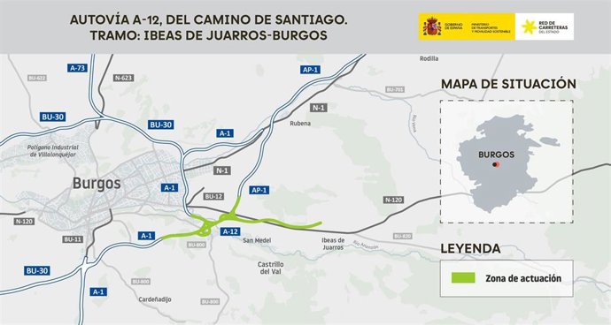 Mapa de trazado de la A-12 entre Ibeas de Juarros y Burgos.