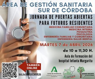 Carrtel de la Jornada de Puertas Abiertas para los futuros residentes del Área Sanitaria Sur de Córdoba.
