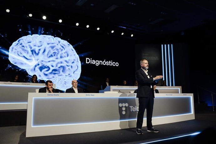 El presidente de Telefónica, Marc Mutra, durante la junta general de accionistas de Telefónica, a 26 de marzo de 2026, en Madrid (España). Telefónica somete hoy a la aprobación de su junta general ordinaria de accionistas, el nombramiento de la directiva 