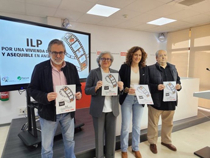 Imagen de la presentación de la ILP de vivienda por paret de Sindicatos, Facua y Red Vecinal Andaluza.