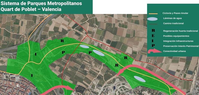 Imagen del sistema de parques metropolitanos Quart de Poble-València de la red de parques inundables propuesta por la Generalitat Valenciana tras las dana.