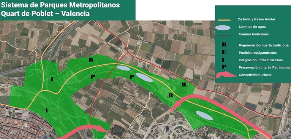 Imagen del sistema de parques metropolitanos Quart de Poble-València de la red de parques inundables propuesta por la Generalitat Valenciana tras las dana.