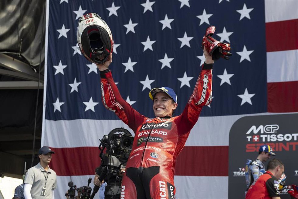 Archivo - El piloto español Marc Márquez (Ducati) en el podio del GP de Las Américas de MotoGP en 2025