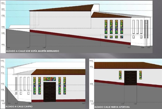 Imágenes de alzado de las fachadas del futuro espacio cultural de Montoro que albergará los pasos de las hermandades del municipio.