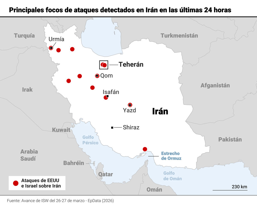 Mapa con principales focos de ataque en Irán en las últimas 24 horas