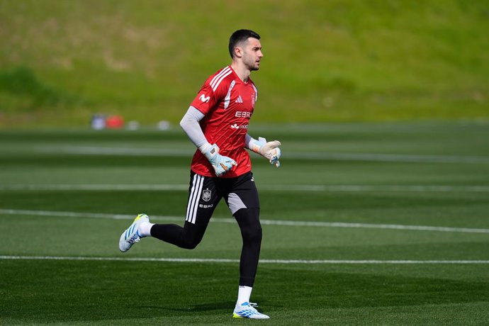 Joan Garcia during the training session of Spain Team ahead of the International Friendly match against Serbia at Ciudad del Futbol on March 26, 2026, in Las Rozas, Madrid, Spain.