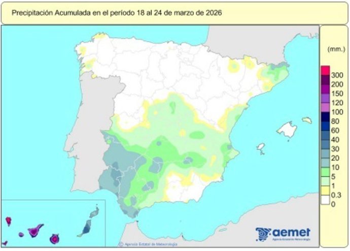 España registra 511 l/m2 de lluvia desde el 1 de octubre, un 31% más de lo normal.