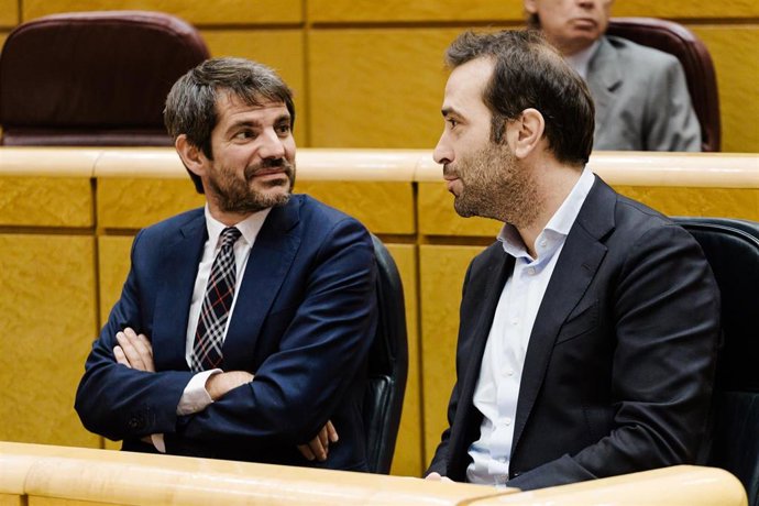 Archivo - El ministro de Cultura, Ernest Urtasun (i) y el ministro de Economía, Comercio y Empresa, Carlos Cuerpo (d), durante una sesión plenaria en el Senado, a 25 de noviembre de 2025, en Madrid (España).