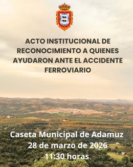 Cartel del acto institucional de recononocimiento a quienes ayudaron tras el accidente de Adamuz.