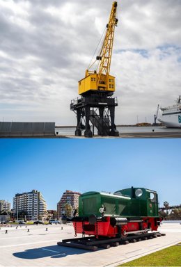 La grúa Babcock & Wilcox y la locomotora Deutz, dos elementos del patrimonio histórico portuario rehabilitado en levante del Puerto de Almería.
