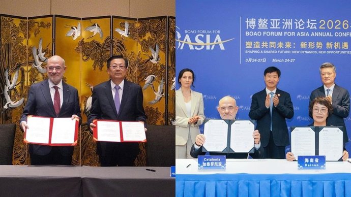 El conseller de UE y Acción Exterior, Jaume Duch, firma acuerdos con el vicegobernador Ma Shiguang y la directora general de la Oficina de Asuntos Exteriores Dai Zhen